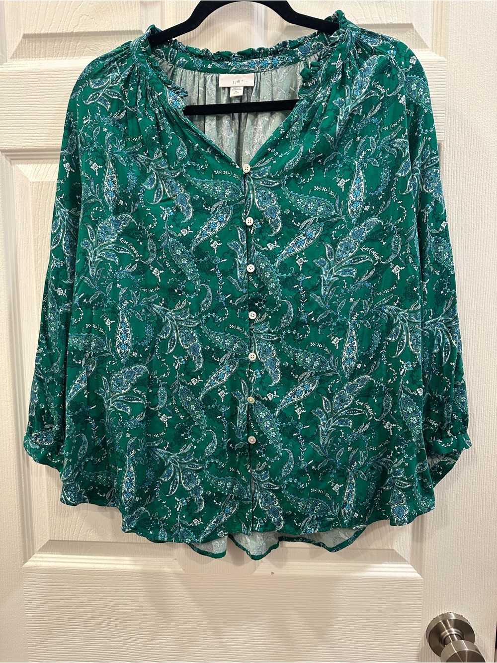 J.Jill long sleeve ruffled Green Paisley button down Blouse Size XL EUC